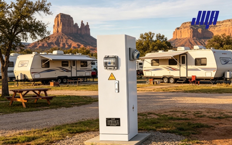 Blog cover graphic introducing RV power pole, common amp ratings and outdoor pedestal power solutions for campground recreational vehicle hook‑up sites