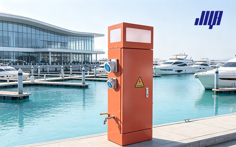 Display of marine shore power supply setup with plugs, cords and adapters for docked recreational boats