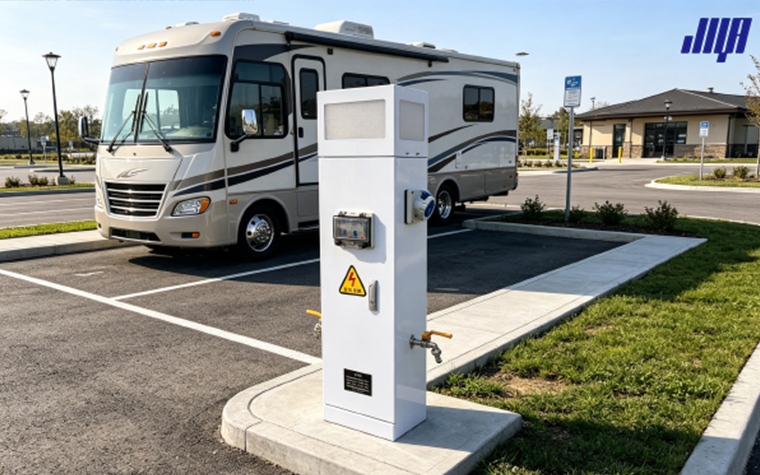Blog cover graphic for updated 2025 guide listing top 15 RV power pedestal manufacturers for campground and RV park projects