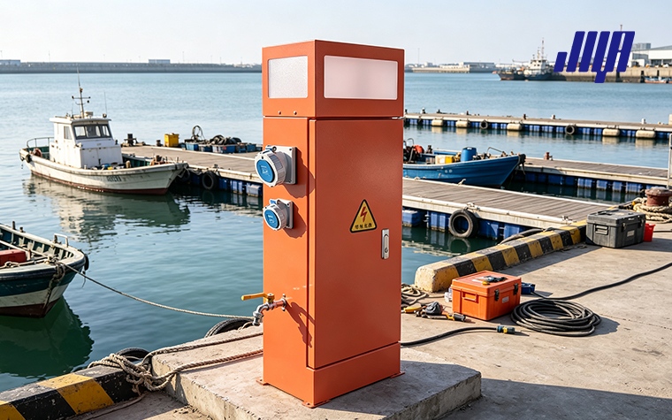 Guide showing marine shore power cords, plugs and dock connectors used for boats and marina power pedestals