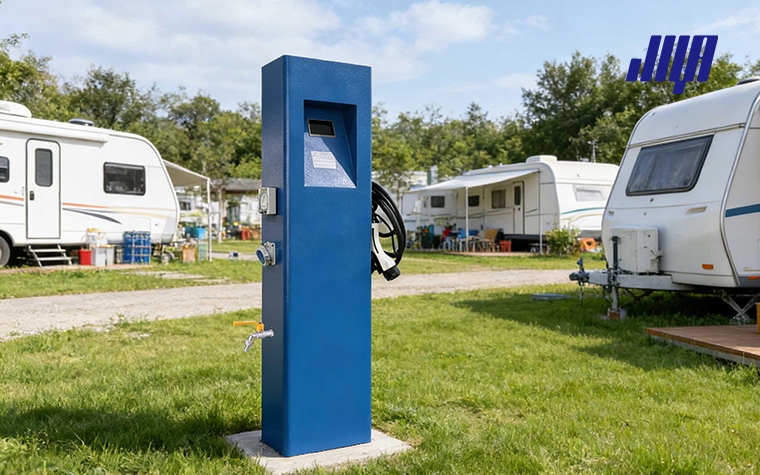 Product overview of marina power pedestal equipped with metering system, LED lighting and water supply connections