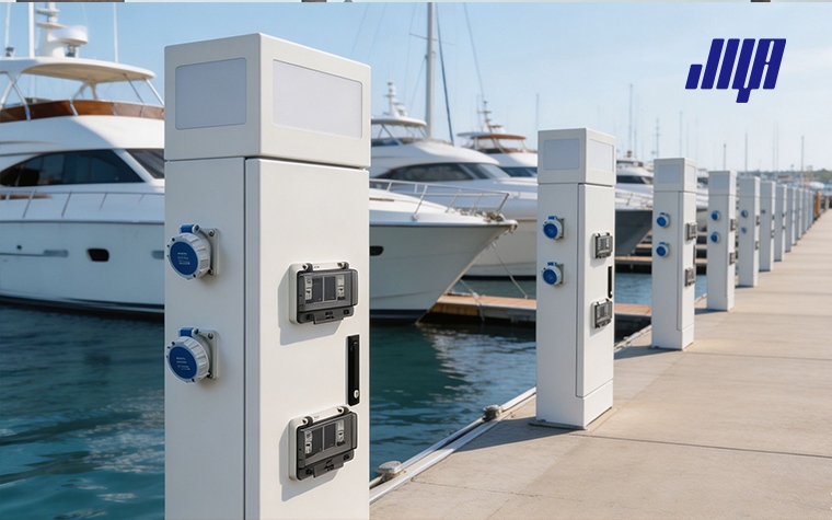 Marina shore power pedestals recommended for small marinas with fewer than 50 boat slips, dock utility supply equipment for yachts